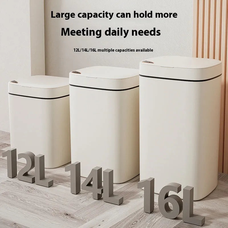 Square automatic sensor garbage bin with induction opening lid in milk white colour.