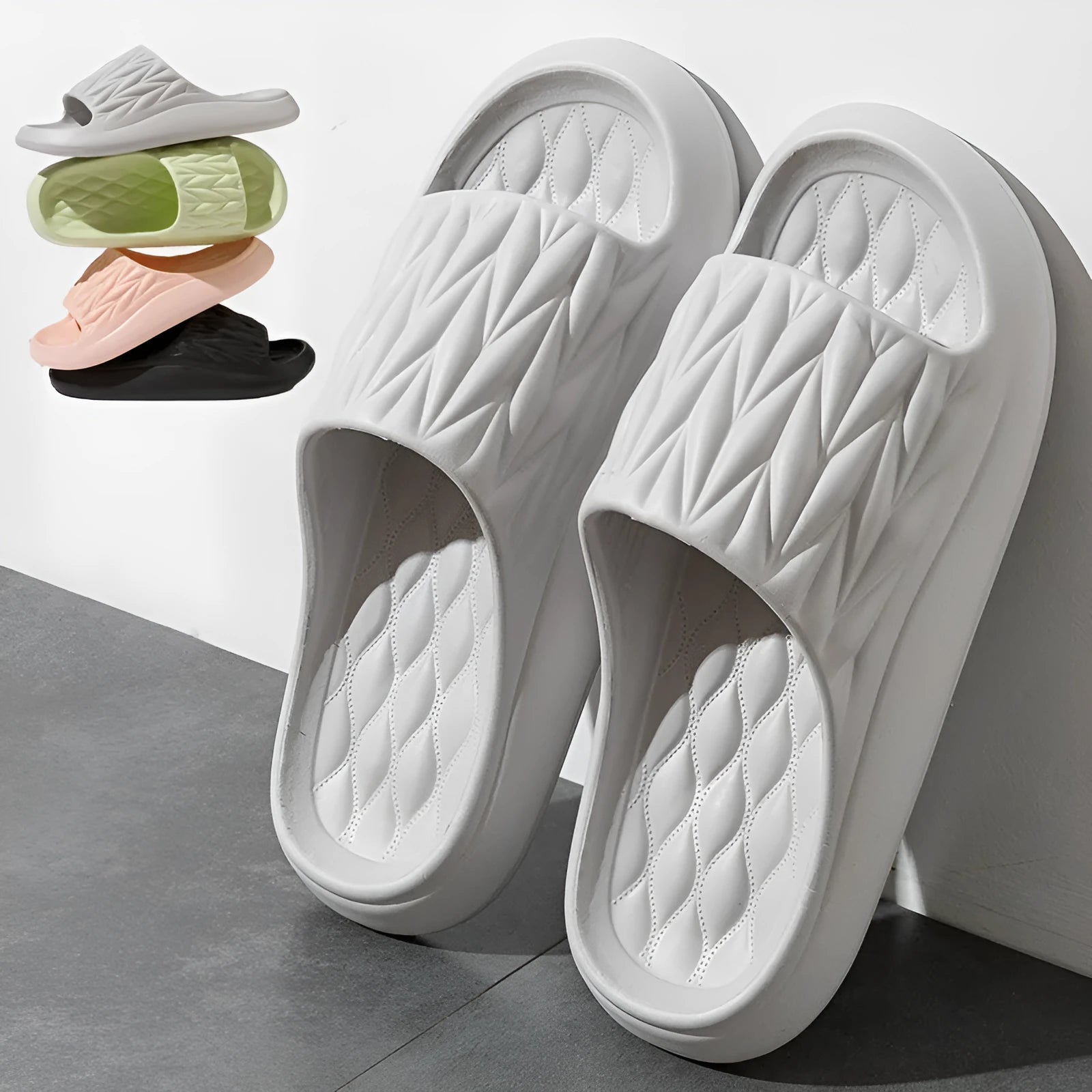 Leaf texture EVA household slippers in various colours showing breathable design for indoor use
