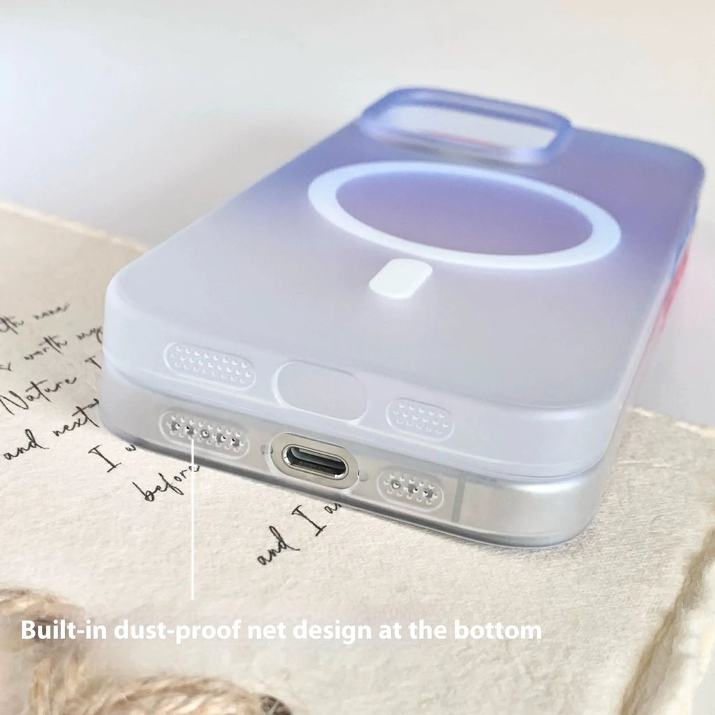 Gradient coloured frosted magnetic suction case for iPhone on a table
