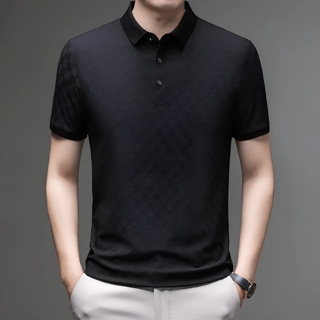 Rhombus thin ice silk short sleeve t-shirt in black on a hanger, showing slit hem detail.
