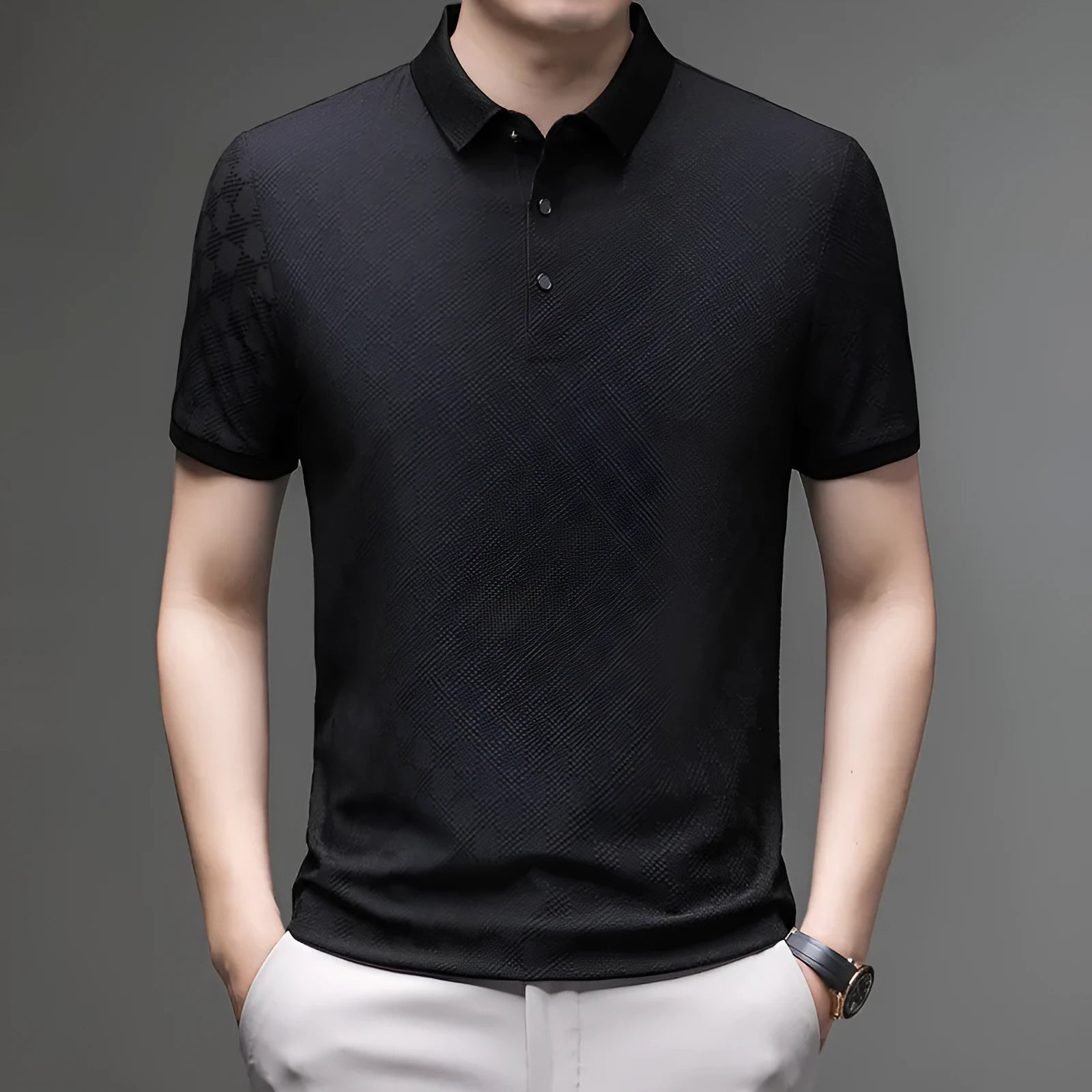 Rhombus thin ice silk short sleeve t-shirt in black on a hanger, showing slit hem detail.