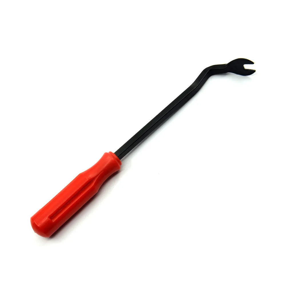 Red-handled automotive door panel clip removal tool for GM cars with light switch pliers.