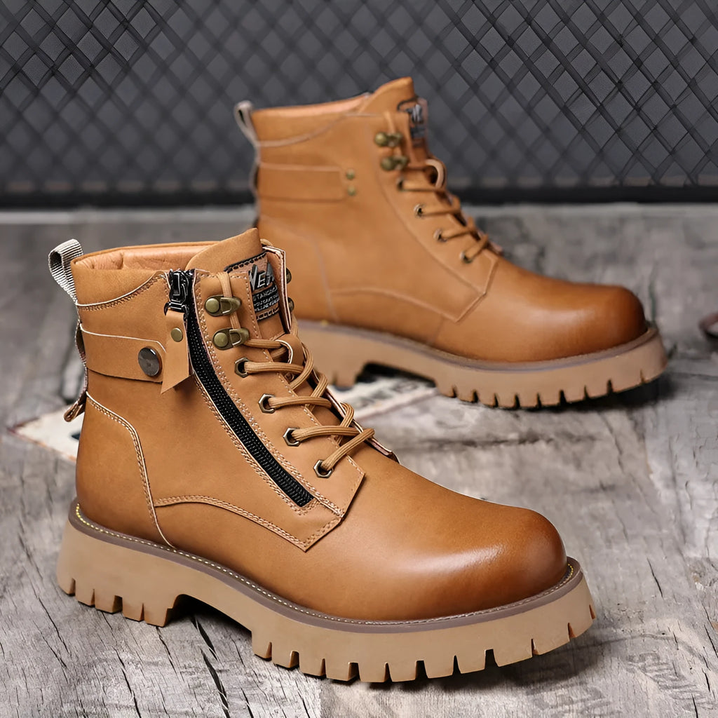 Men's brown high-top Martin boots with side zipper and a mid-height heel on a rubber sole.