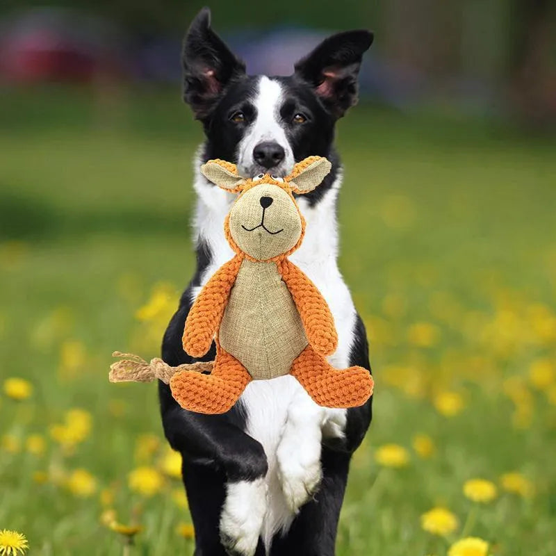 Squeaky dog plush chew toy in animal shape for dental cleaning and play