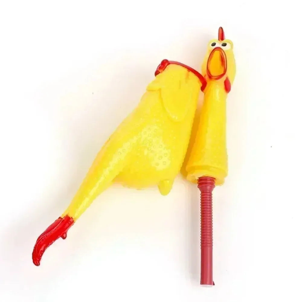 Yellow rubber screaming chicken dog squeak toy in three different sizes