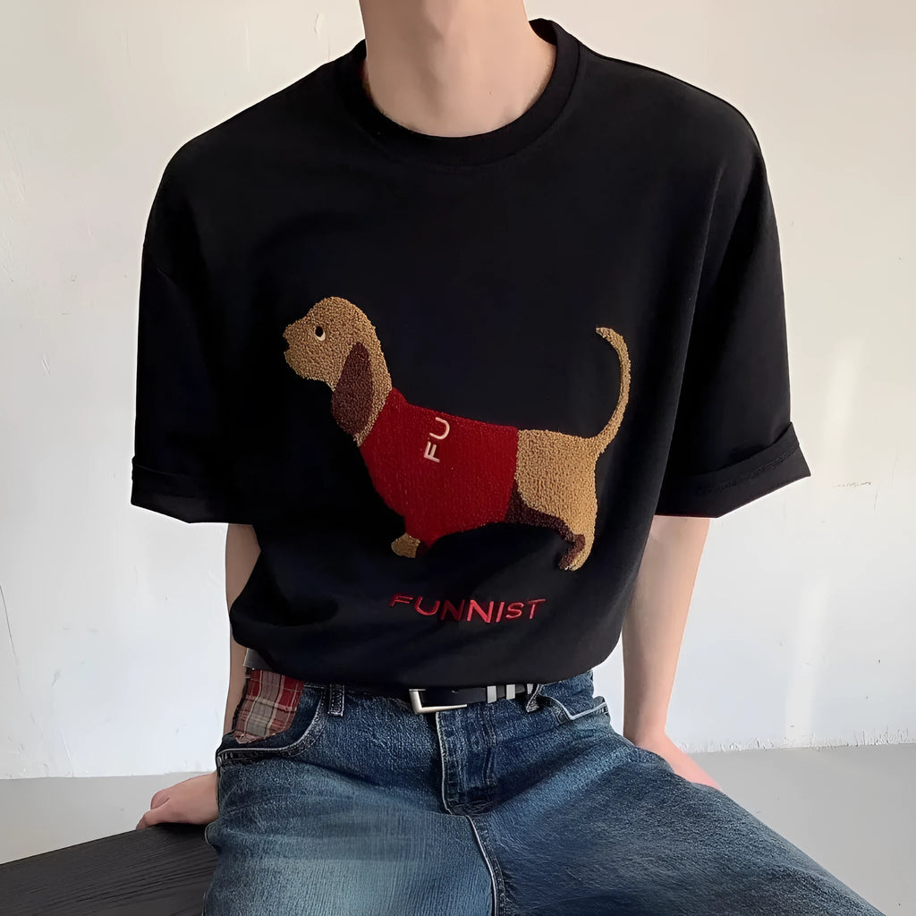 Men's grey cotton T-shirt with sausage dog towel embroidery on front, short sleeves, round neck