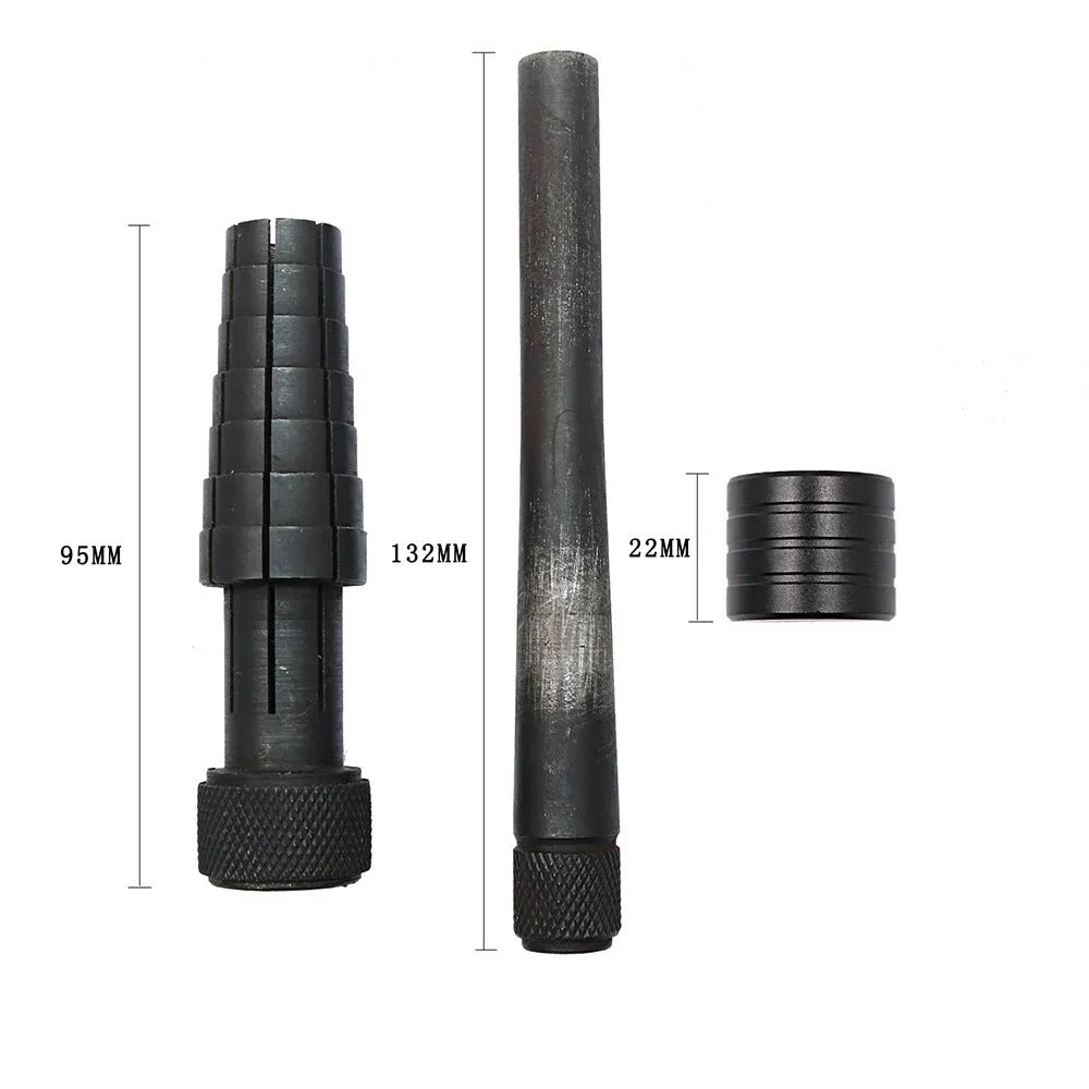 Black and silver ring expansion tool with base expander and rubber hammer for jewellery repair