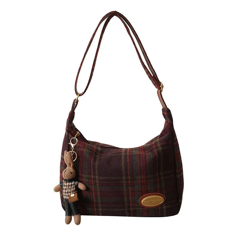 Women's large capacity woolen shoulder bag in horizontal square shape with crossbody strap