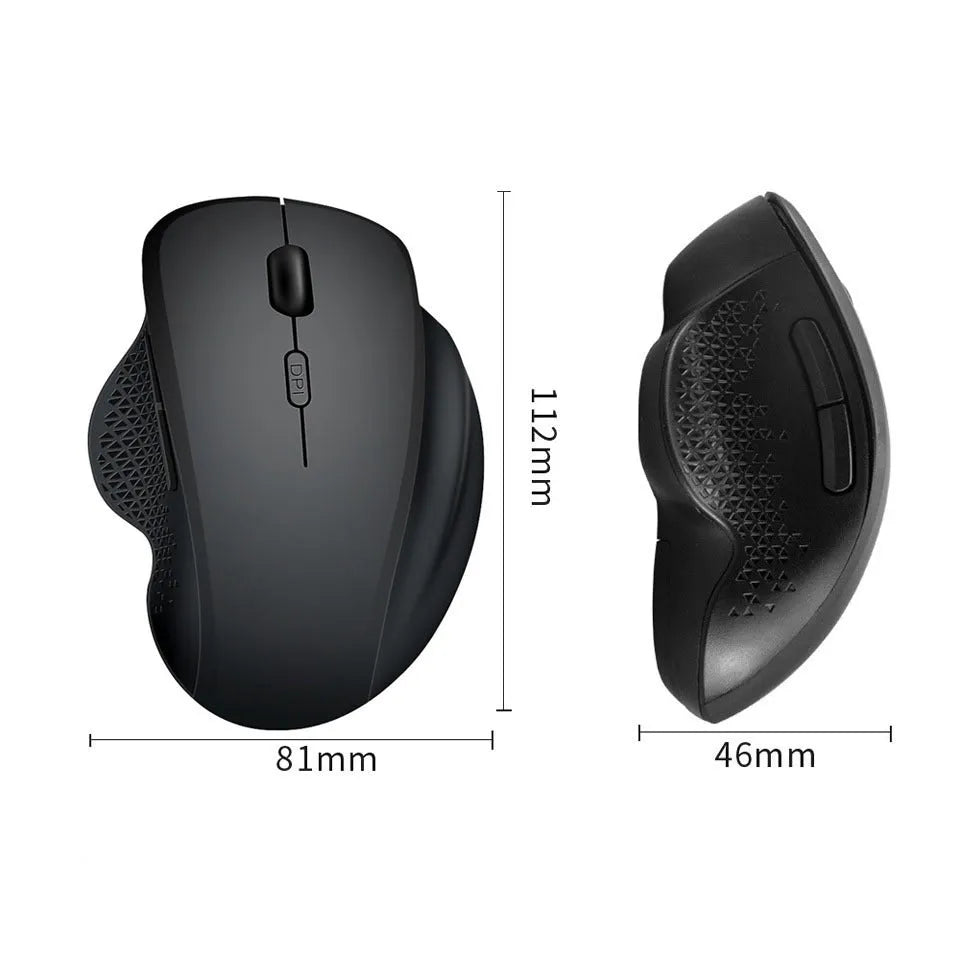 Black and grey wireless laptop mouse with USB charging cable on white background