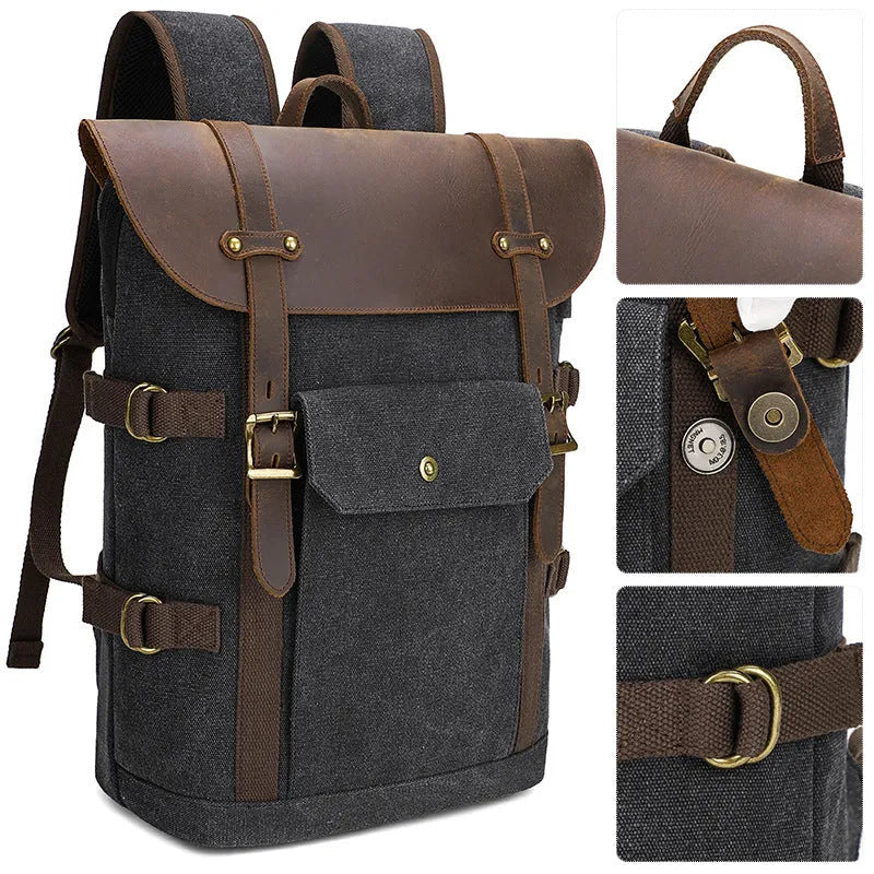 Army Green canvas computer backpack with crazy horse leather detailing and USB charging port