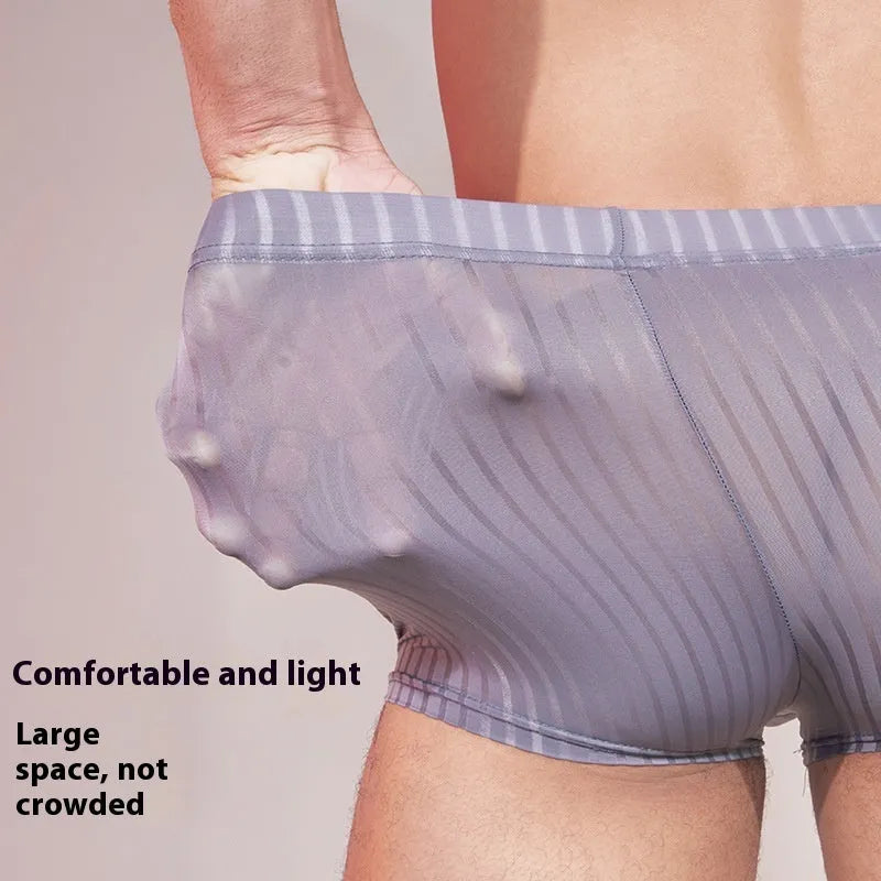 Men's thin striped nylon underwear in black, white, and dark grey colours.