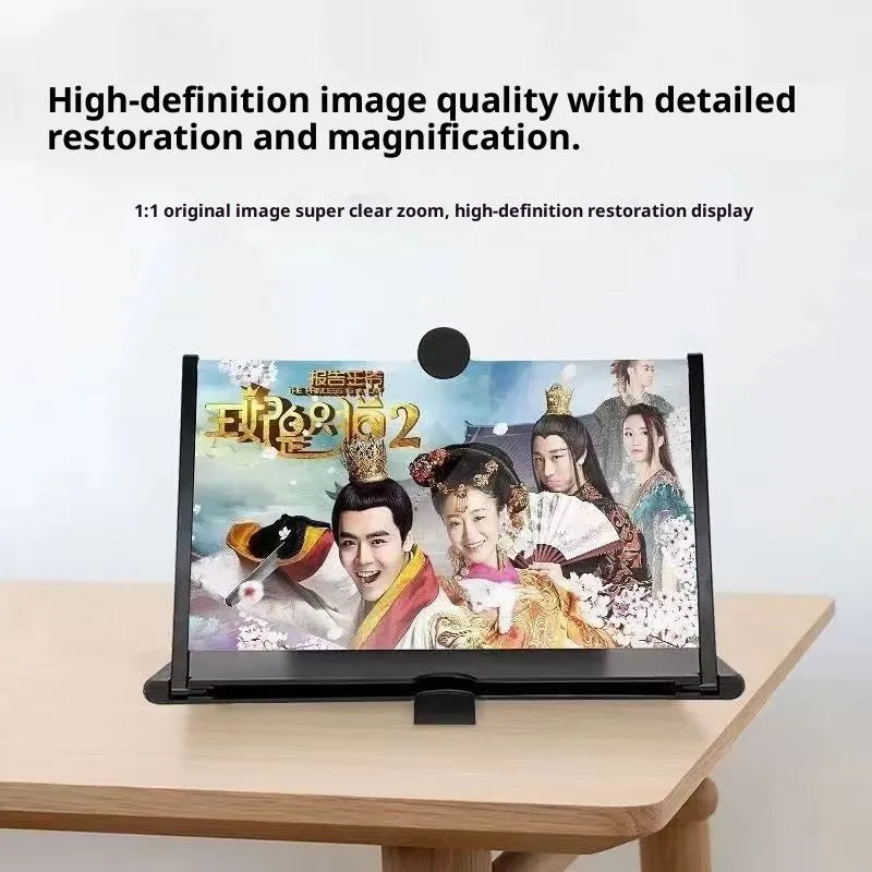 F3 desktop screen amplifier in black with a phone inserted, showing 10 inch magnified display