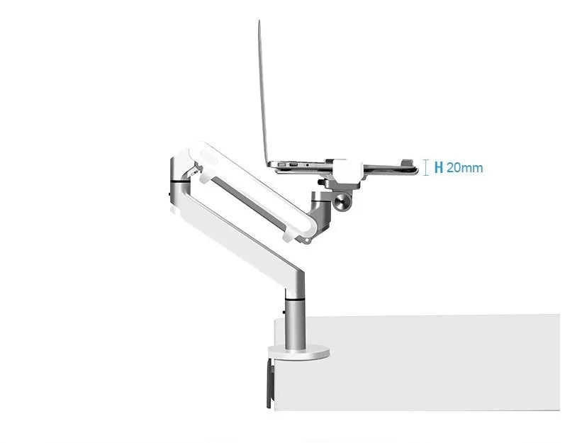 Silver aluminium computer stand with adjustable air pressure arm bracket for laptop support