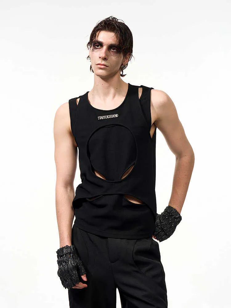 Men's sleeveless waistcoat in hollow knit cotton thread with round neck and loose fit