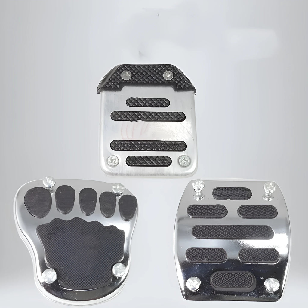 Metal motorcycle brake pedal skid plate showing three style variations for different vehicle types