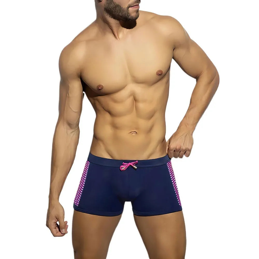Men's polka dot print quick-dry swimming boxers in black, dark blue, and yellow colour options
