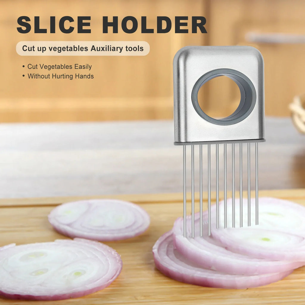 Stainless steel onion holder slicer kitchen tool with sharp prongs and finger guard on a cutting board.