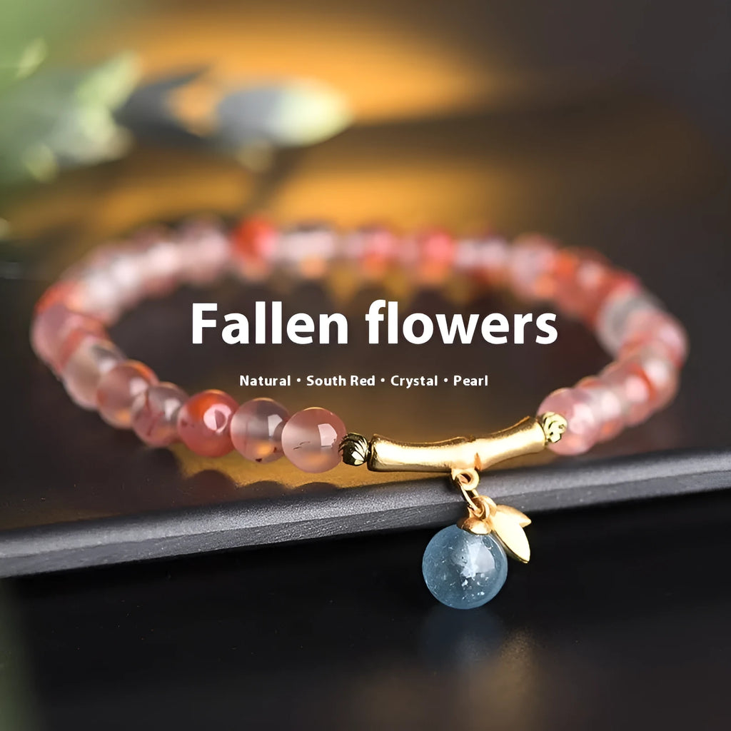 Ice float nanhong agate ethnic bracelet with flower shapes and bamboo joint decorative elements