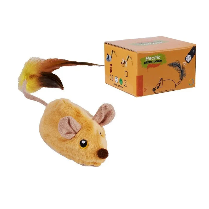Grey plush electric mouse cat toy with remote control on wooden floor