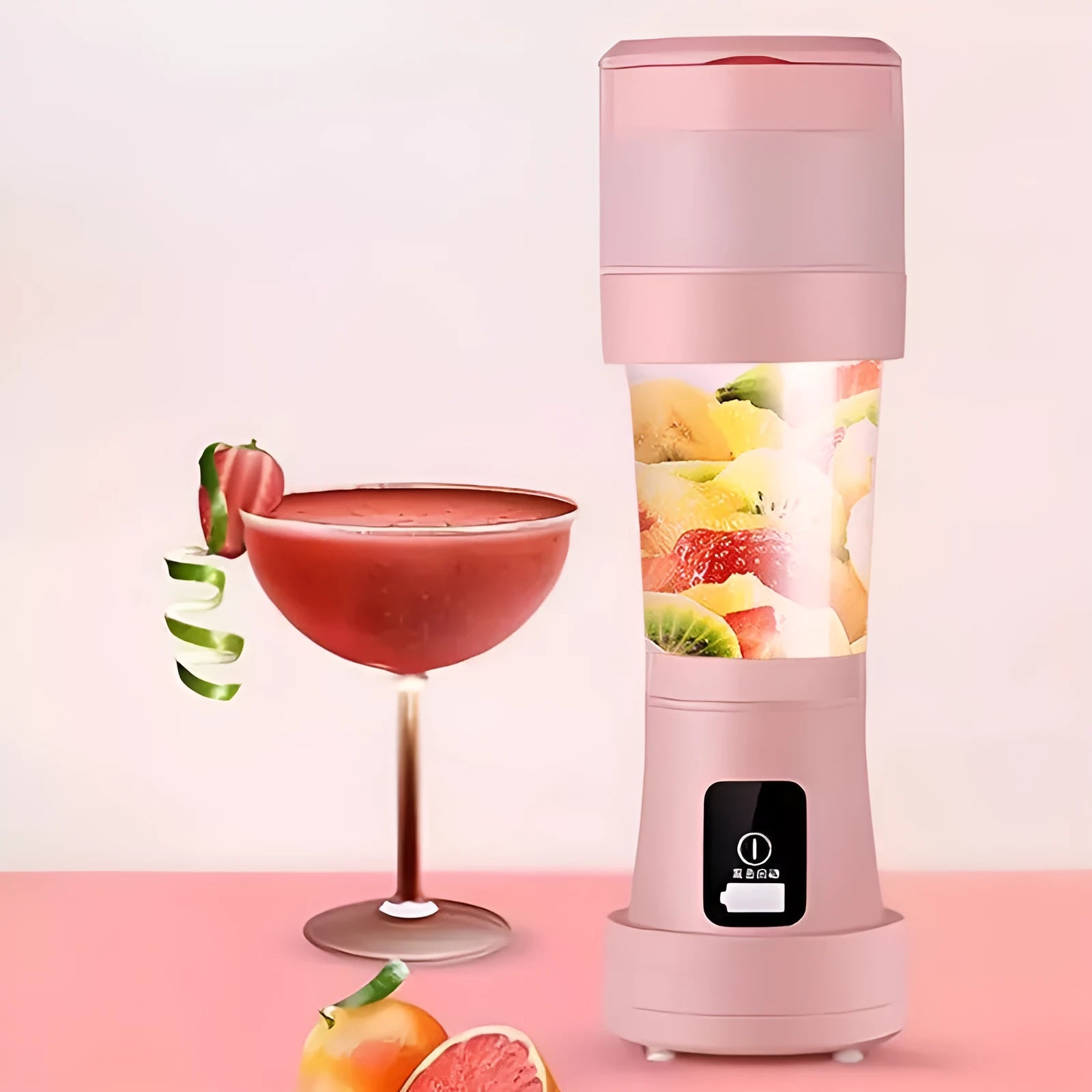 Blue and pink portable USB blender with telescopic design and 450ml silicone cup