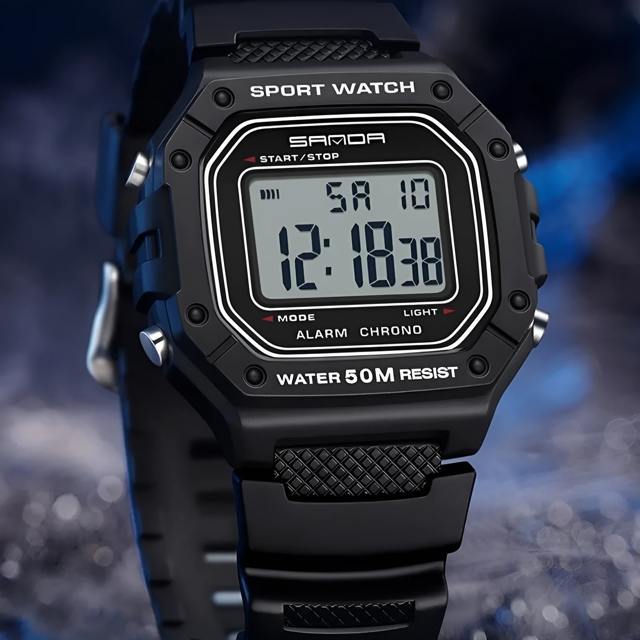 Waterproof electronic swimming watch with alarm clock in six colour variations