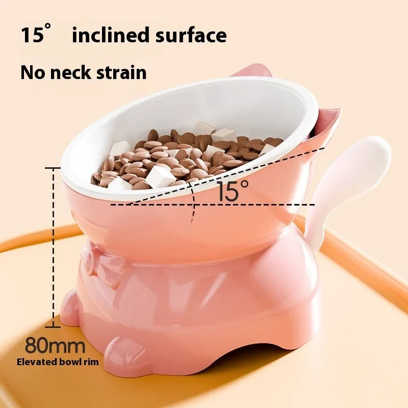 Stainless steel slanted anti-tip cat bowl in colour options of black, blue, pink, and yellow.