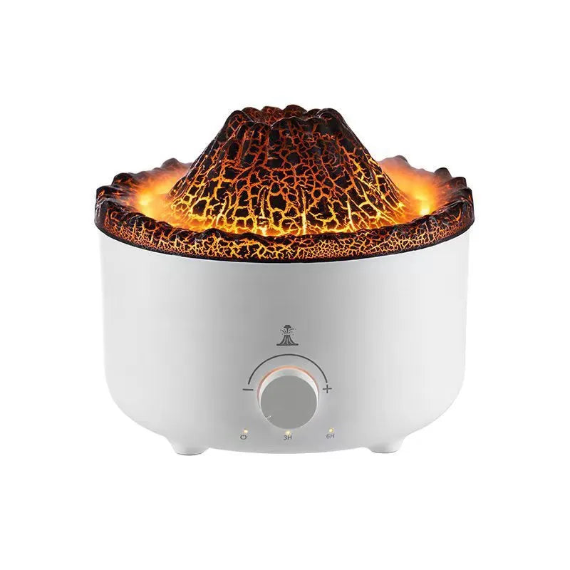 White volcano-shaped humidifier and essential oil diffuser with orange and blue simulated flame light effect.