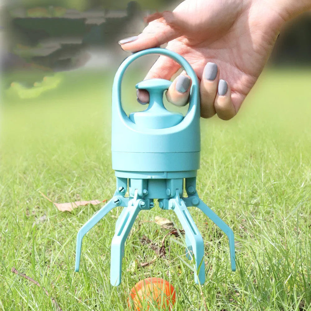 Blue portable dog poop scooper with built-in bag dispenser and eight-claw shovel mechanism