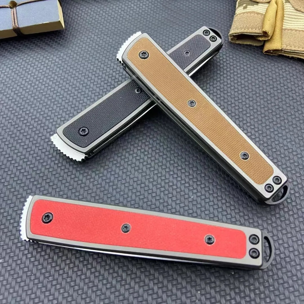 Folding fruit knife with stainless steel blade in black, brown, or red with measurements showing 17cm length