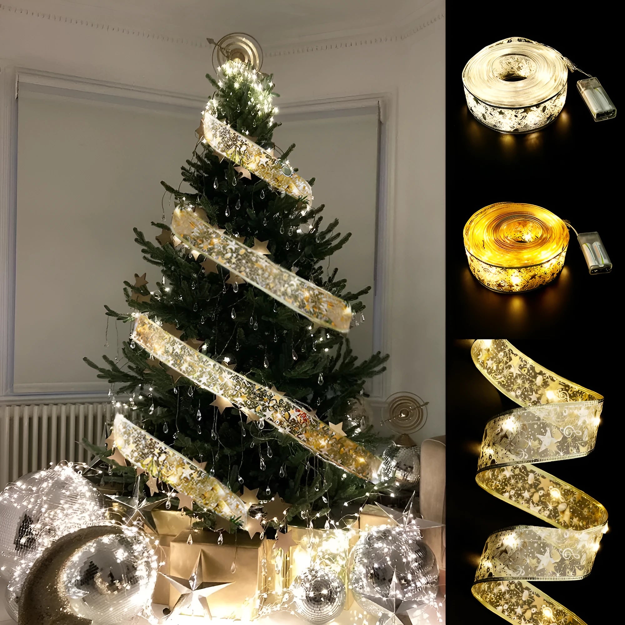 Fairy lights string with Christmas ribbon bow tie decoration in gold or silver colour options