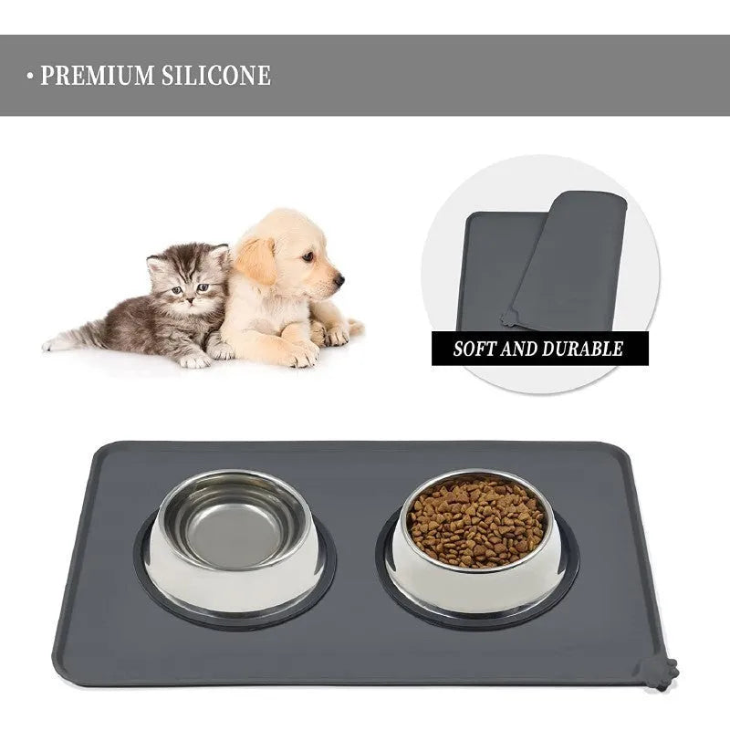Silicone pet placemat for under food bowls in blue, shown next to a dog bowl.
