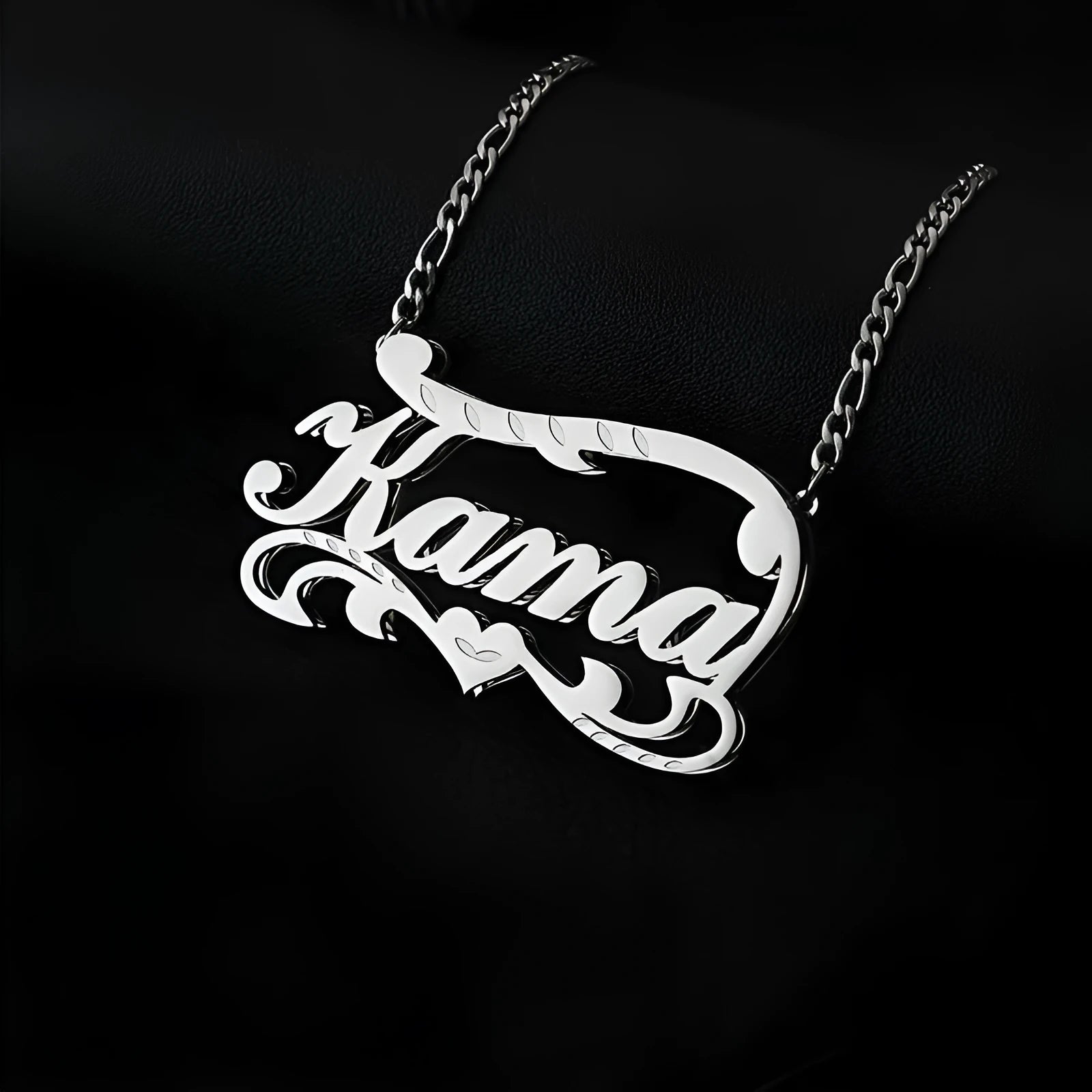 Personalised name necklace with double layer wave heart pendant in stainless steel