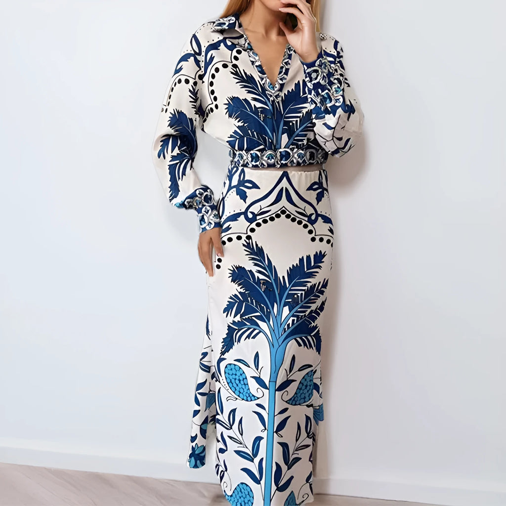 Women's early spring casual fashion set with long sleeve top and matching long skirt in picture colour