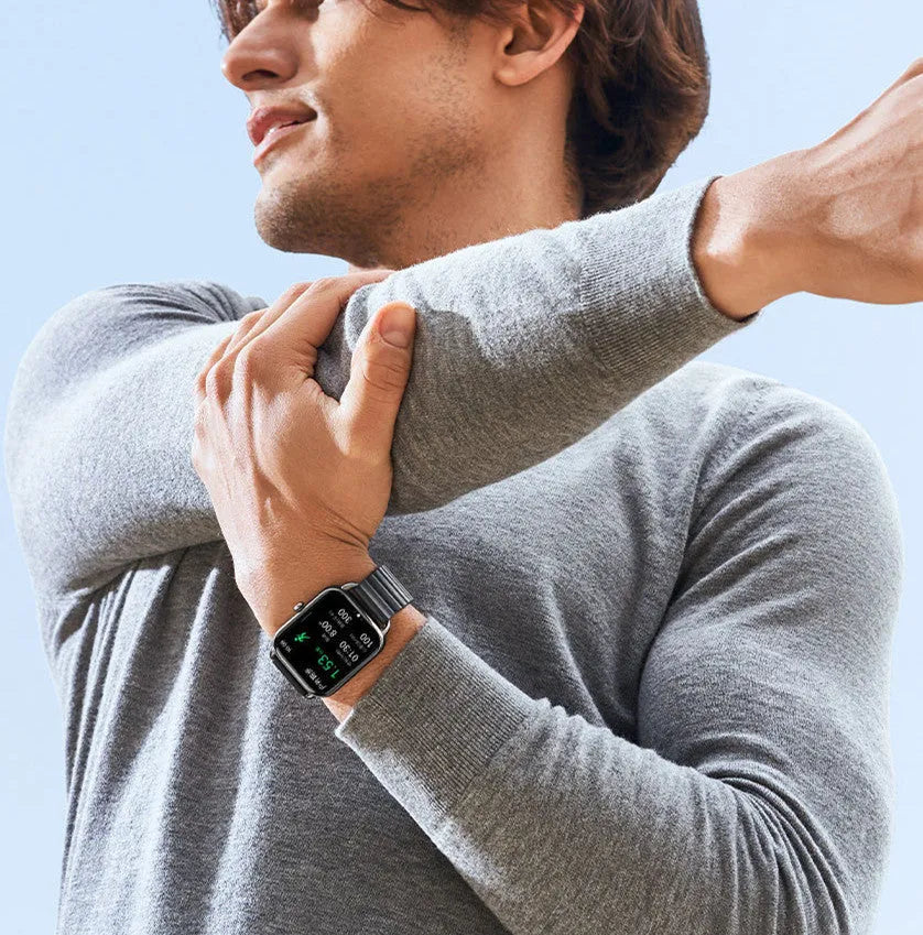 S4PLUS LS11 black smart sports watch showing AMOLED display with fitness metrics.