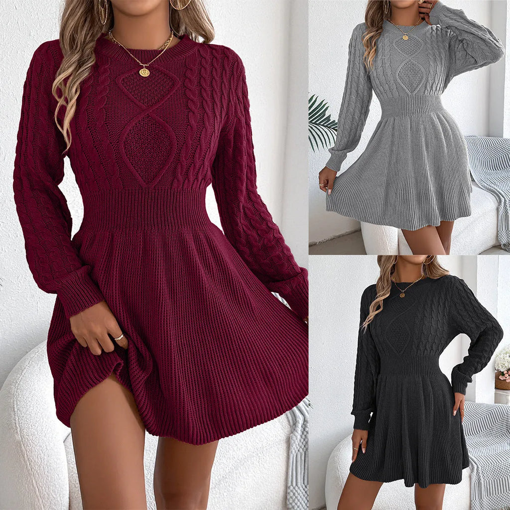 Black lantern sleeve sweater dress with elastic waist and mid-length skirt