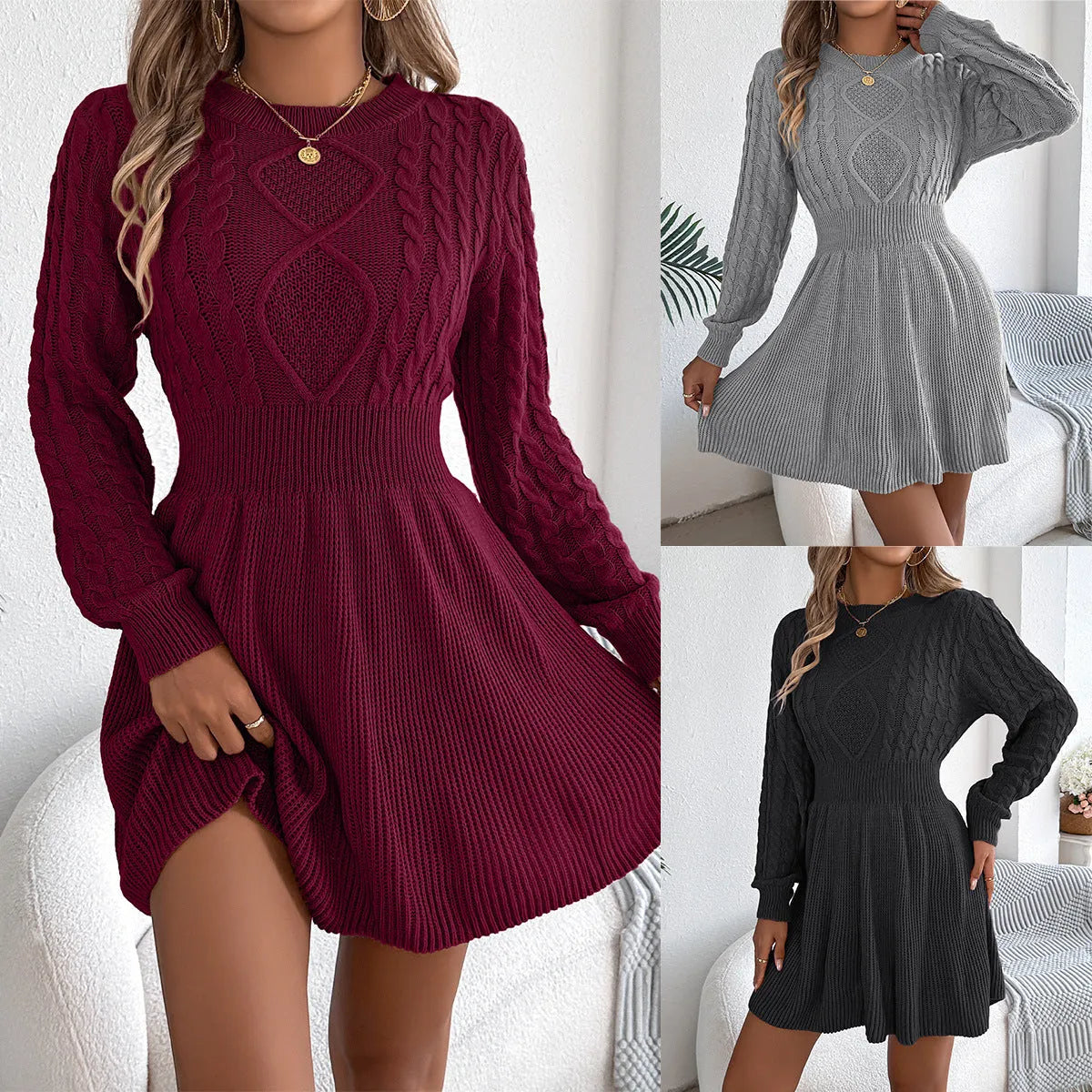 Black lantern sleeve sweater dress with elastic waist and mid-length skirt