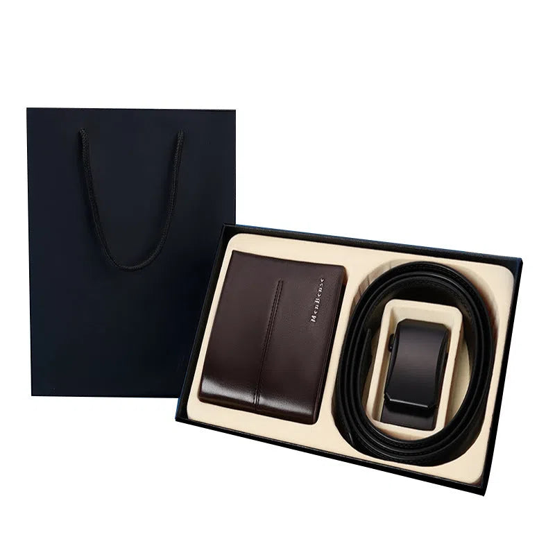 Genuine leather men's belt and wallet combo set with alloy buckle in black and brown, includes gift box
