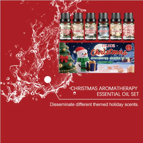 Christmas aromatherapy oil diffuser set showing six units with 60ml and 10ml bottles for home fragrance.
