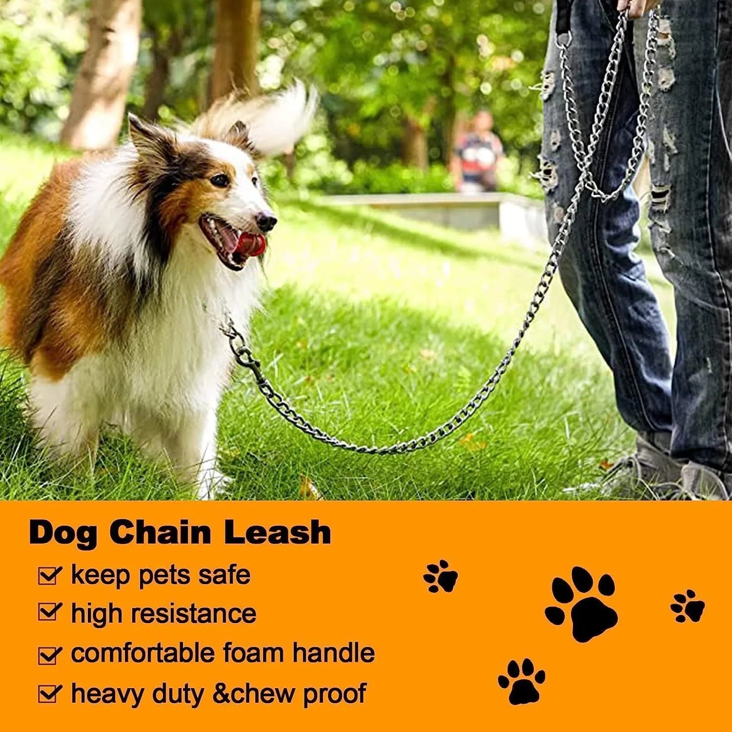 Heavy duty metal chain dog leash with a soft black padded handle, shown in red, blue, and black colours