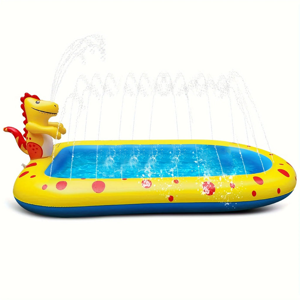 Blue dinosaur and shark water play pool for children in a garden setting