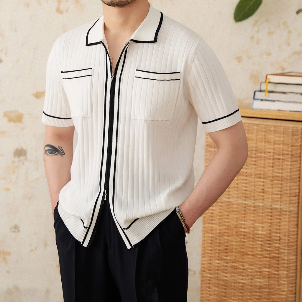 Slim fit short sleeve polo shirt with a lapel collar in black and white colours