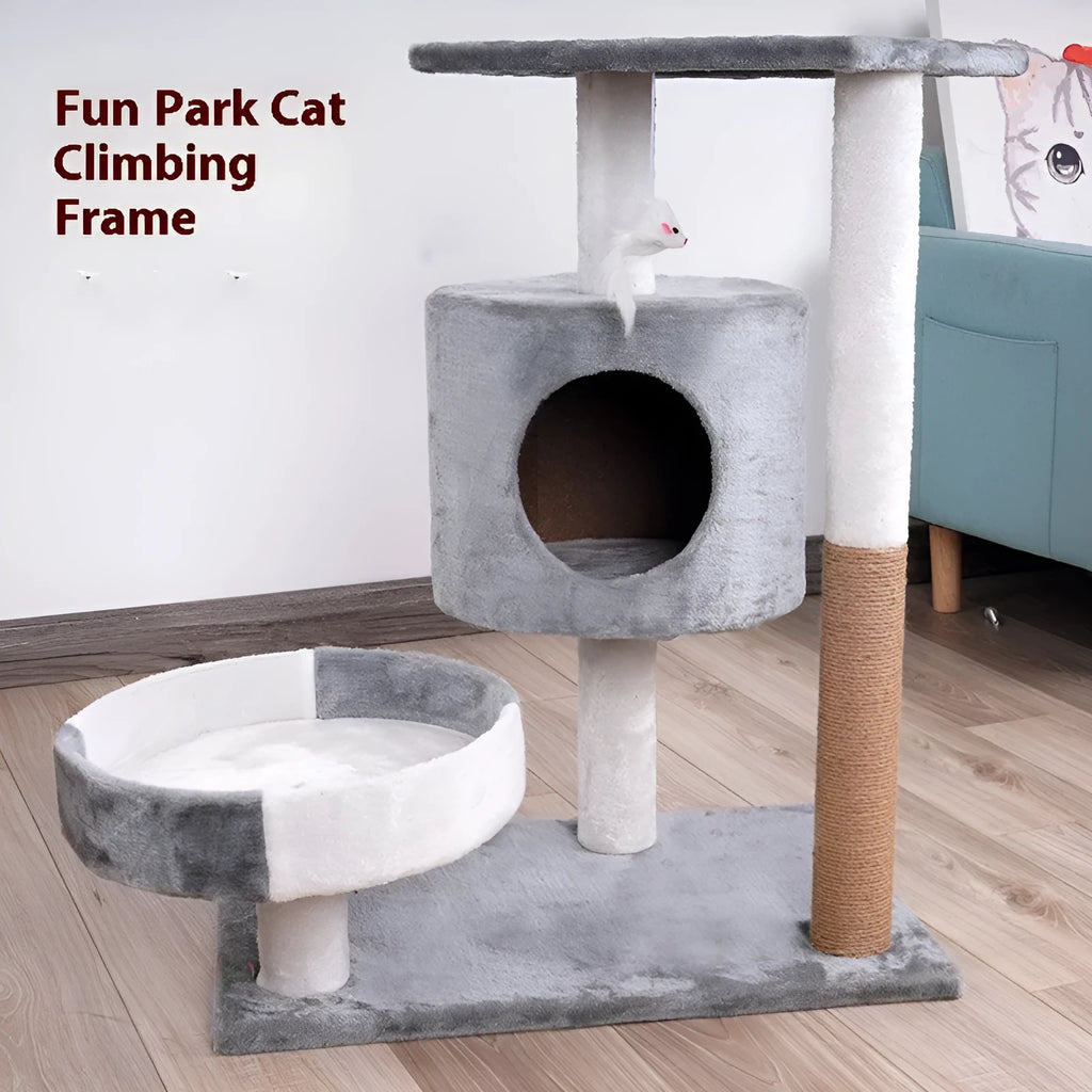 Lepet cat climbing frame with plush material and scratch board in white and brown colour