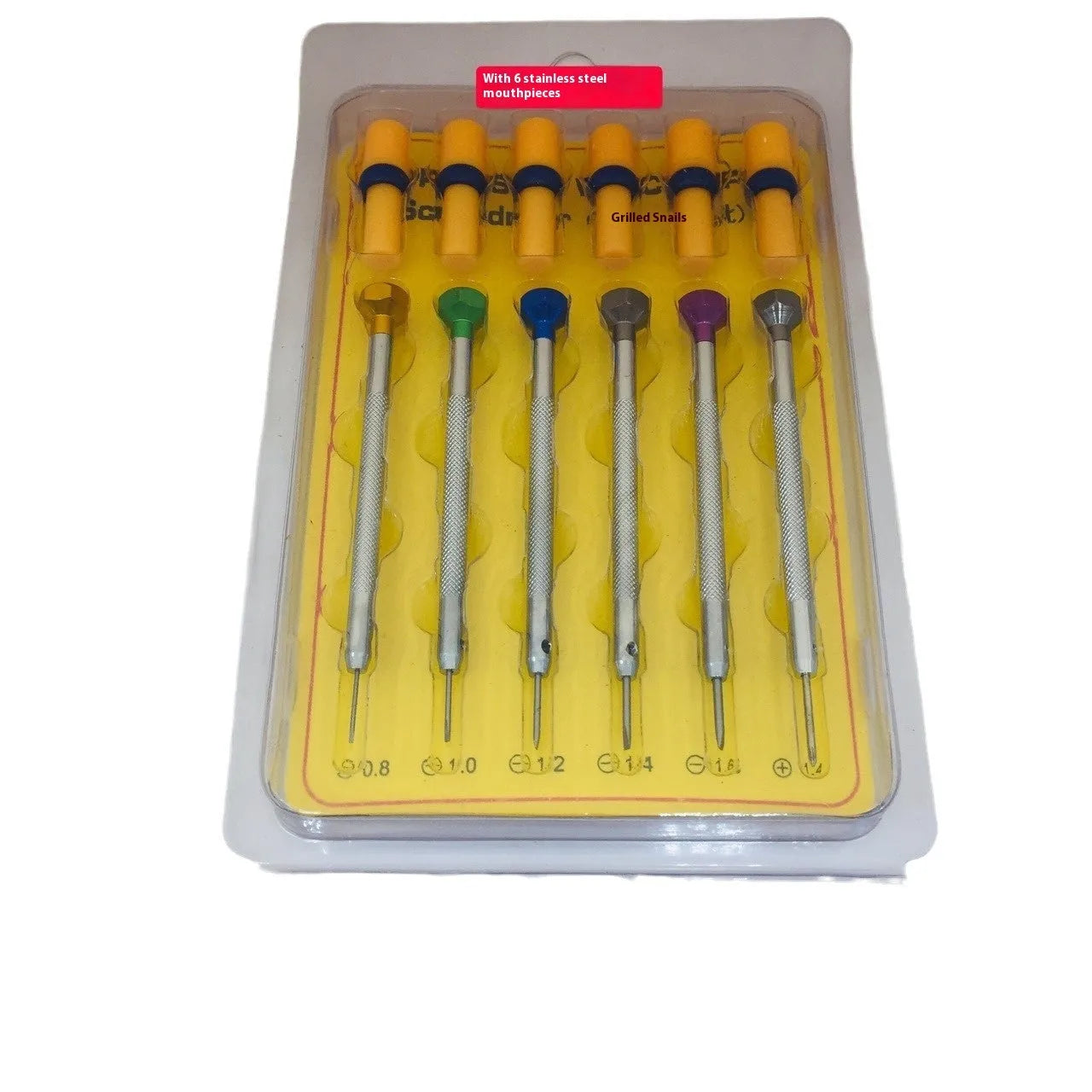 Six colour-coded watch repair screwdrivers with aluminium suits and copper handles