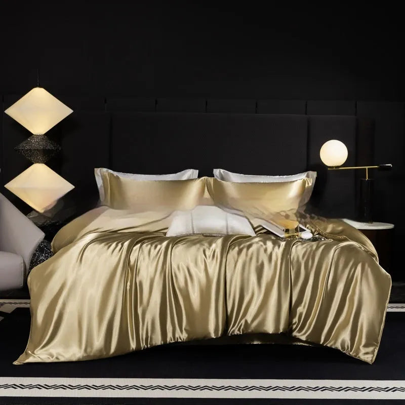 Silk four-piece bed sheet set in a solid colour on a bed, showing modern simplicity style.