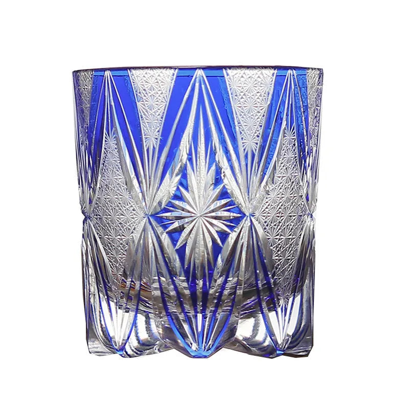 Hand carved blue crystal wine glass with 260ml capacity in retro Japanese style