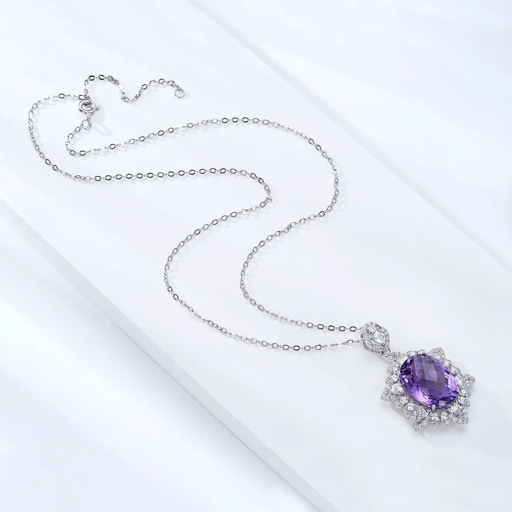Natural amethyst pendant necklace in 925 silver, geometric design, white gold colour