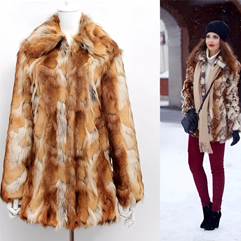 Women's slim-fit tiger print faux fur jacket with long sleeves and a medium length.