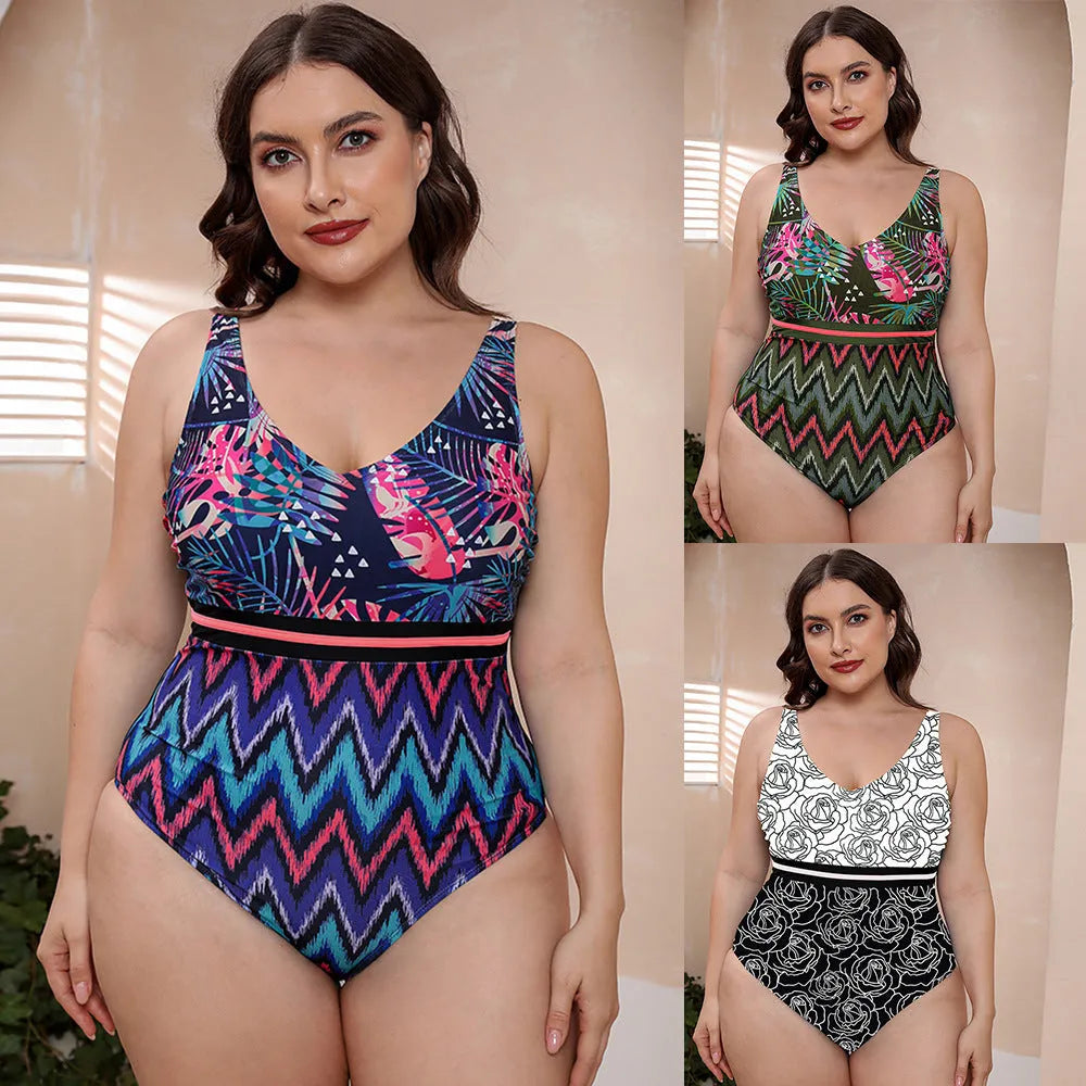 Women's blue printed one-piece swimsuit with spaghetti straps and a striped vest design on a mannequin.