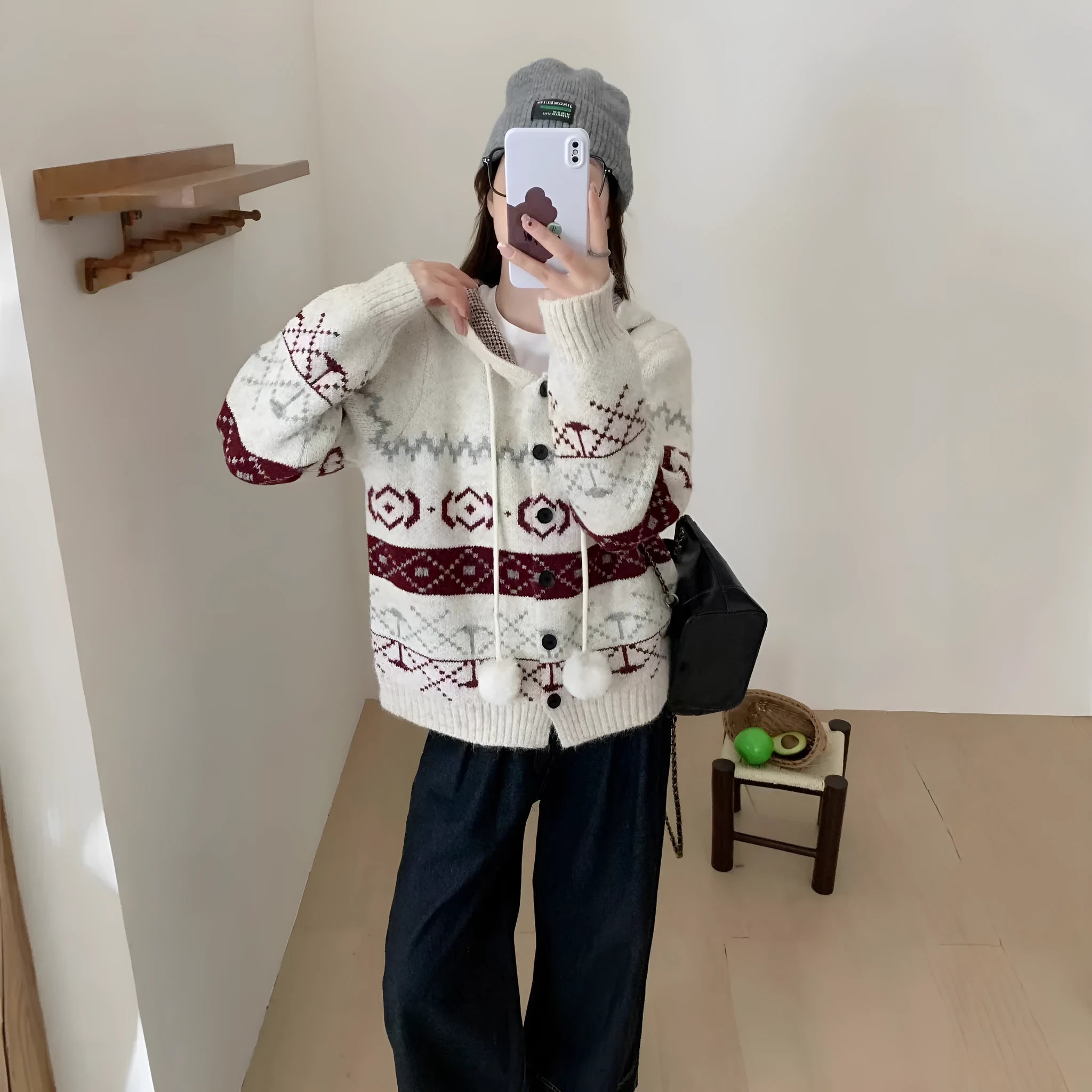 Geometric pattern loose brocade sweater coat for women in grey