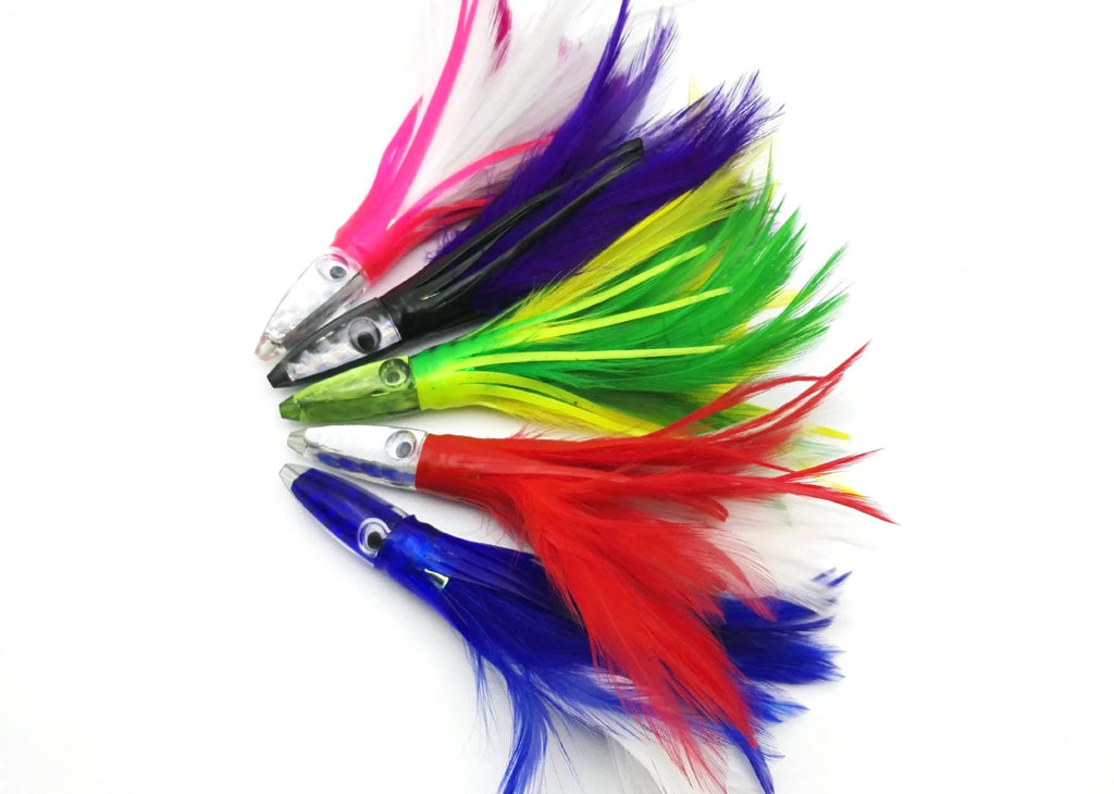Acrylic sea fishing lure with resin fish head, feathered dress, and octopus headband, 14cm 32g
